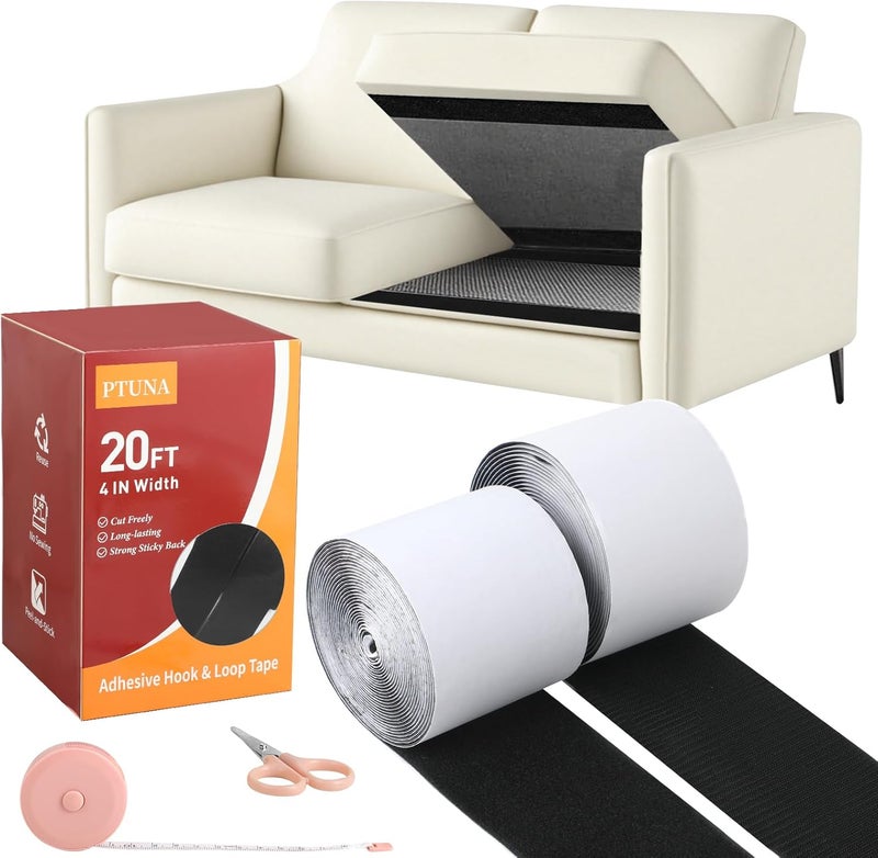 PTUNA 20Ft *4 Inch Hook and Loop Tape with Adhesive Back, Heavy Duty Double Sided Adhesive Strips, Strong Sticky Strips Roll for Home/Office/School/Car, Black - Image 1